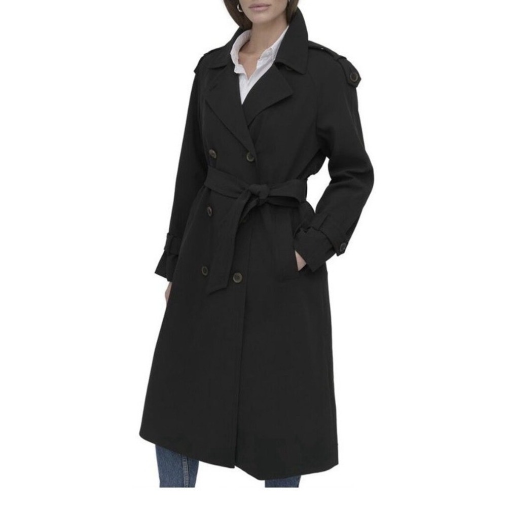 DKNY BLACK Women's Medium Double-Breasted Cotton Blend Trench Coat